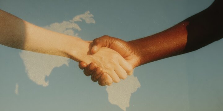 Professional Diverse Handshake with Global Map Overlay Authentic Corporate Partnership and International Cooperation for Modern Business Marketing - Powered by Adobe