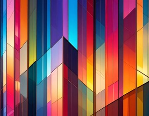 Vibrant Geometric Facade with Colorful Vertical and Diagonal Panels.