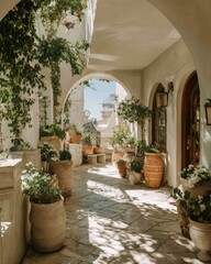 Serene Garden Pathway Surrounded by Lush Plants and Elegant Architecture in a Sunlit Mediterranean Setting
