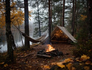 Serene autumn campsite with campfire, tent, and hammock by a misty lake in a forest