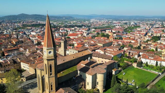 Aerial drone view of the Arezzo Cathedral, Roman Catholic cathedral in the city of Arezzo in Tuscany, Italy in daylight