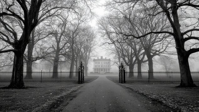 A foggy, monochrome drive leads to a grand estate, framed by bare trees and wrought-iron gates