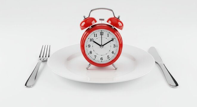 A vibrant red alarm clock sits centrally on a pristine white dinner plate, flanked by a fork and knife, against a stark white background