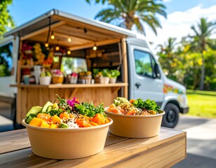 Vibrant Poke Bowls Served from a Tropical Food Truck Under Palm Trees.