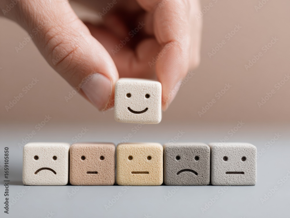 Poster professional customer satisfaction concept with hand selecting happy face block modern authentic fee