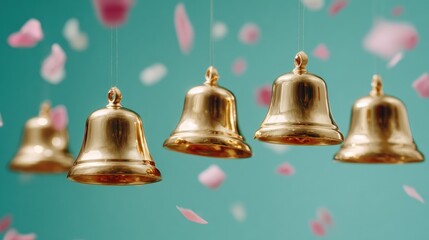Premium Market Capitalization Gold Bells Celebrating IPO Success with Confetti, Modern Corporate Event for Business Marketing and Social Media Campaigns