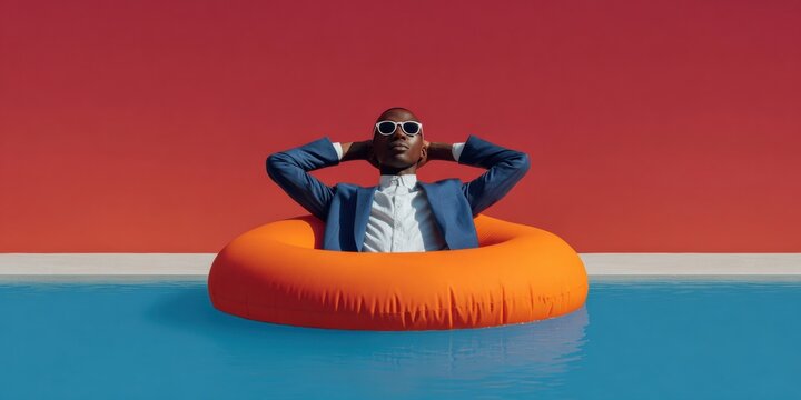 Modern Young Professional Relaxing on Pool Float for Burnout Prevention Premium Corporate Wellness Content for Inspiring Workplace Marketing Campaigns
