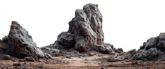 Isolated rock formations on a sandy plain against a white background