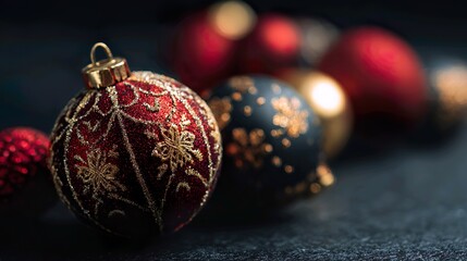 Luxury red and black Christmas baubles with golden glitter decoration on dark background