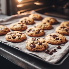 Baking sheet with a dozen freshly baked chocolate chip cookies, melted chocolate oozing, scattered chocolate chips, linen towel on kitchen counter, warm oven light