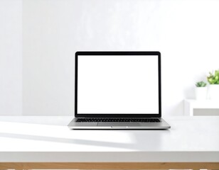 Fototapeta premium Sleek laptop with blank screen mockup on bright minimalist desk for modern business promotion material
