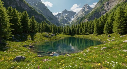 A serene mountain lake reflects towering peaks, surrounded by lush green forests and a vibrant, wildflower-filled meadow under a bright blue sky