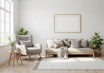 Bright Living Room Interior with Beige Sofa and a empty frame