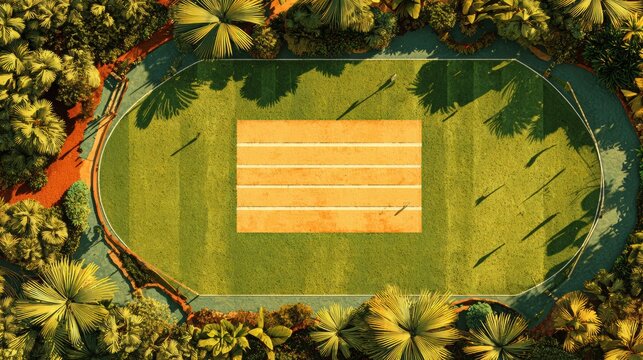 Professional Aerial View of Cricket Pitch with Clear Boundary and Crease Lines on Green Field High-Quality Sports Education and Training Content for Modern Audiences