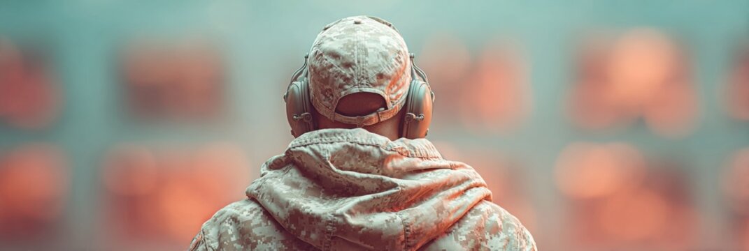 Professional Military Soldier Monitoring Satellite Surveillance in Modern Control Room for National Security High-Quality Defense Marketing Content