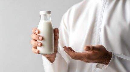 Close Up of a Arabian Man Hands Holding a Bottle of Milk &ndash; Suitable for Be Used in Blog Posts, Social Media Posts and Website Content Related to Drinks and Healthy Lifestyle Themes.