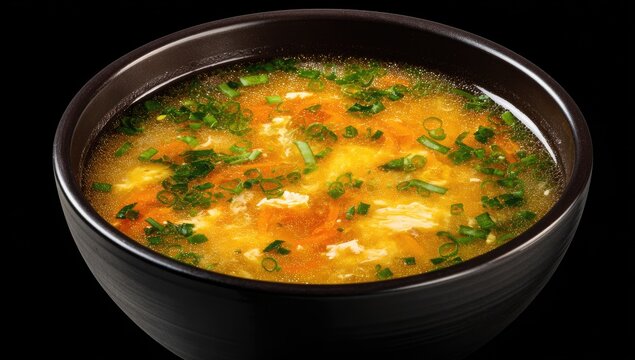 Savory egg drop soup with scallions in a dark bowl