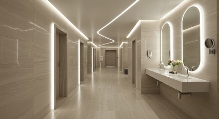 An elegantly designed hallway featuring a series of doors and a vanity area. The space is lit with ambient lights that create a modern and luxurious feel