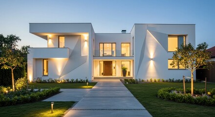 Modern white house, geometric design, lit pathway, garden, dusk lighting, two-story, glass windows, contemporary facade, outdoor lights, inviting entrance