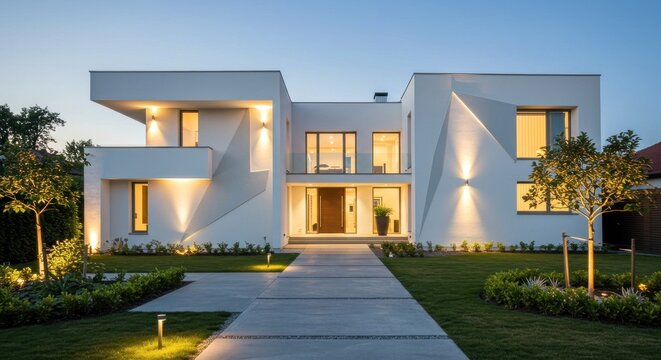 Modern white house, geometric design, lit pathway, garden, dusk lighting, two-story, glass windows, contemporary facade, outdoor lights, inviting entrance