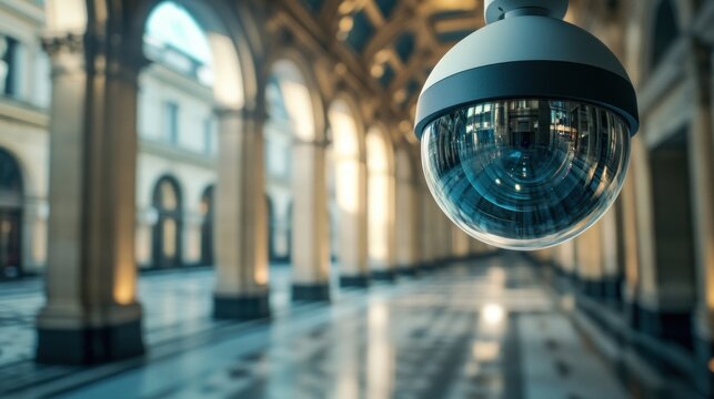 Security camera with a multifaceted, insect-eye lens, observing an empty, grand customs hall, high-angle shot, surveillance aesthetic