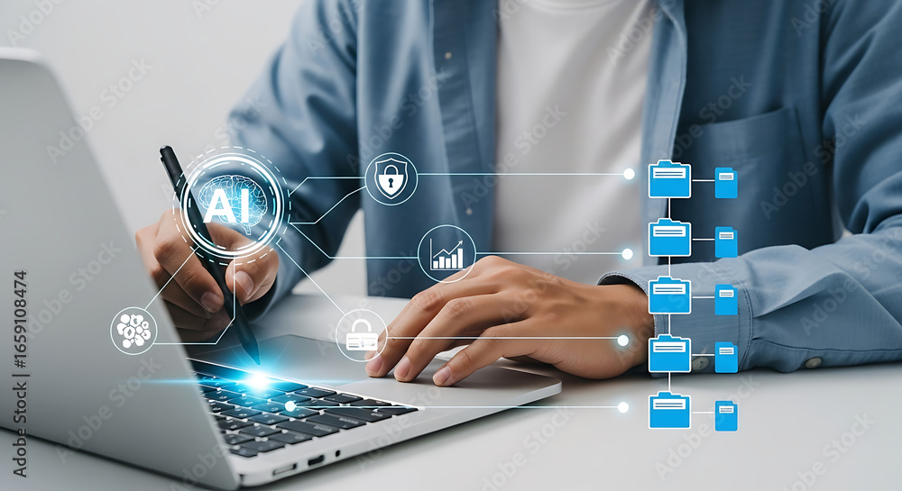 Poster person using a laptop with ai interface and data security icons overlayed on the screen and keyboard