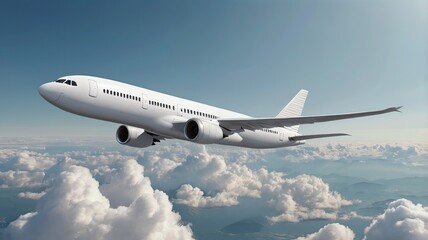Fototapeta premium Powerful white passenger jet soaring majestically through a clear blue sky above fluffy clouds and distant mountains, symbolizing travel and freedom.