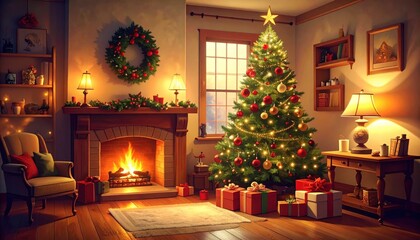 Cozy Christmas Living Room with Decorated Tree and Fireplace
