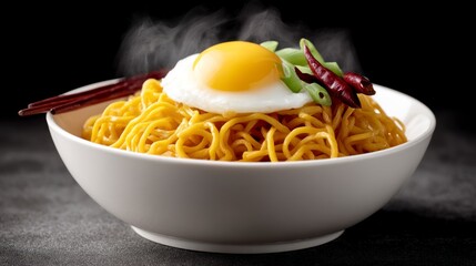 Steaming bowl of yellow noodles topped with a fried egg and red chilies served with chopsticks