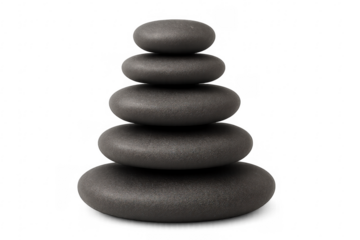 Stack of five balancing pebbles creating harmony and balance on transparent background