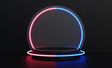 Black podium, black background with neon lights for promoting popular and premium modern technology products. 3D illustration.