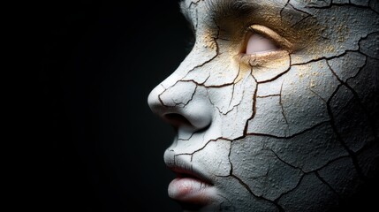 Cracked face makeup with halloween theme creates dramatic and eerie look to make up art with white and gold colors on skin