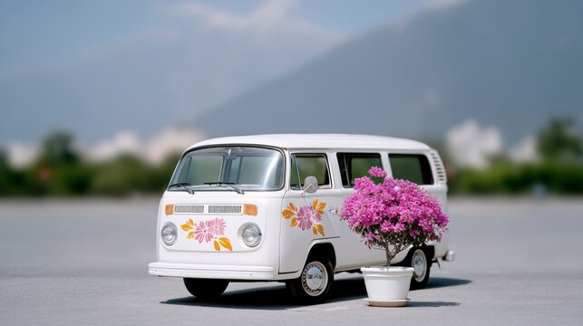 White vintage camper van decorated with floral decals and a potted flowering plant