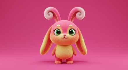 Naklejka premium A character animated cute, fluffy bunny character with soft pink and yellow fur, big green eyes, and long ears.
