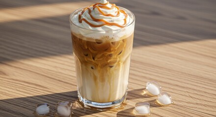 Iced caramel macchiato in a tall glass, topped with whipped cream and caramel drizzle, sitting on a light-brown wooden table with ice cubes scattered around