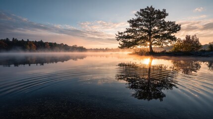 Obraz premium Serene Sunrise Over Calm Lake with Majestic Tree Reflection in Clear Water and Misty Landscape