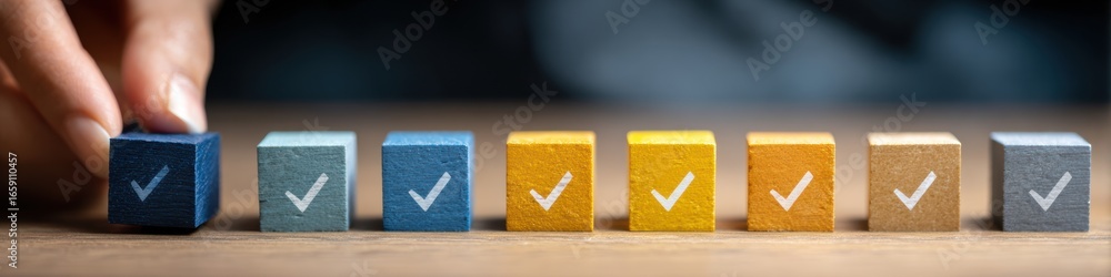 Poster professional skill validation and workflow completion with checkmarked cube on progress checklist mo