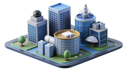 Isometric 3D City Scene with Blue and White Buildings and Green Trees cityscape urban