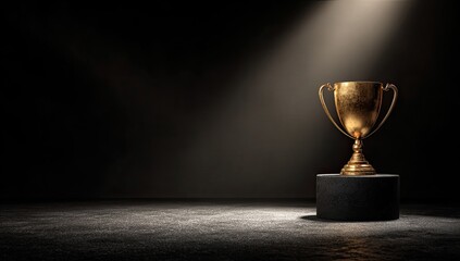Golden trophy on dark pedestal, spotlight