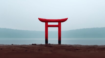 A red torii gate stands in calm water with misty hills in the background