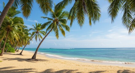 Tropical beach paradise with palm trees lining the sandy shore under a clear blue sky and turquoise water