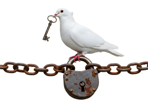 A white dove of peace holding a key, perched on a rusty old padlock and chain, symbolizing the concept of unlocking freedom and hope.