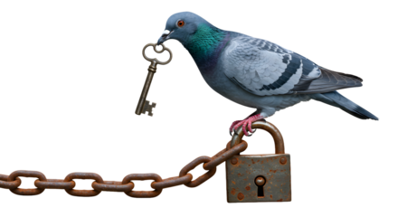 A resourceful pigeon perches on a rusty chain, holding the antique key to unlock an old padlock, symbolizing a unique solution and freedom.