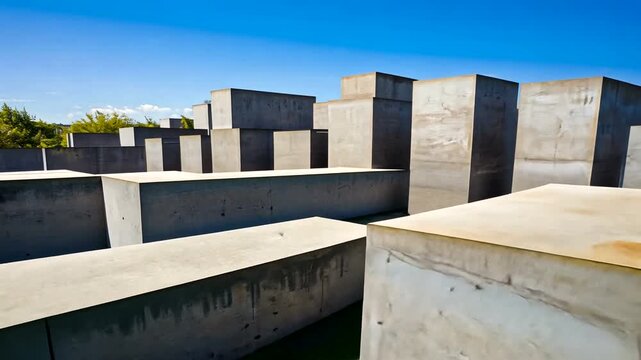 Aerial view of abstract concrete structures in a park under a clear blue sky, symbolizing memory