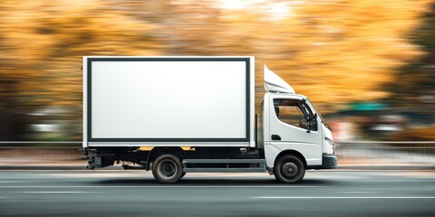 Large white delivery truck driving on a paved road through a scenic landscape with autumn-colored trees