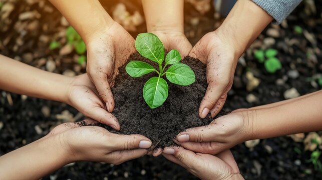 Multiple Hands Protecting Green Plant Seedling Teamwork Environmental Care Community Conservation Collaboration Nature Protection Together