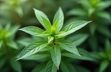 Close-up of fresh Thai herbal plant Andrographis paniculata leaves, known as king of bitter. Organic green foliage represents natural remedy for cold, flu, inflammation. Healthy lifestyle, wellness,