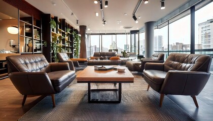 Blurred background of modern coworking lounge features elegant gray leather armchairs and a .jpg