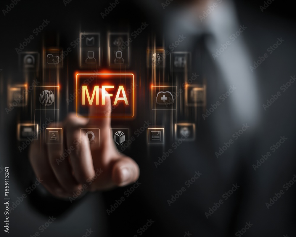 Poster modern businessman using premium multi-factor authentication technology for secure cloud access in c