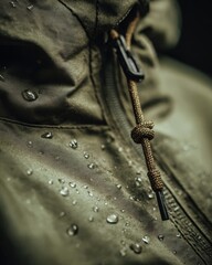 Close-Up of Water-Resistant Jacket with Droplets, Zipper and Drawstring Detail in Nature Setting, Textured Fabric